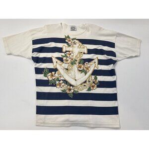 Vintage 80's Nautical Shirt Anchor Small Bling Anchor Shoulder Pads Short Sleeve